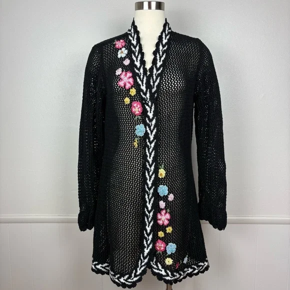 Storybook Knits Vintage Black Cardigan Size L Longline Beaded Floral Open Knit - Picture 1 of 17